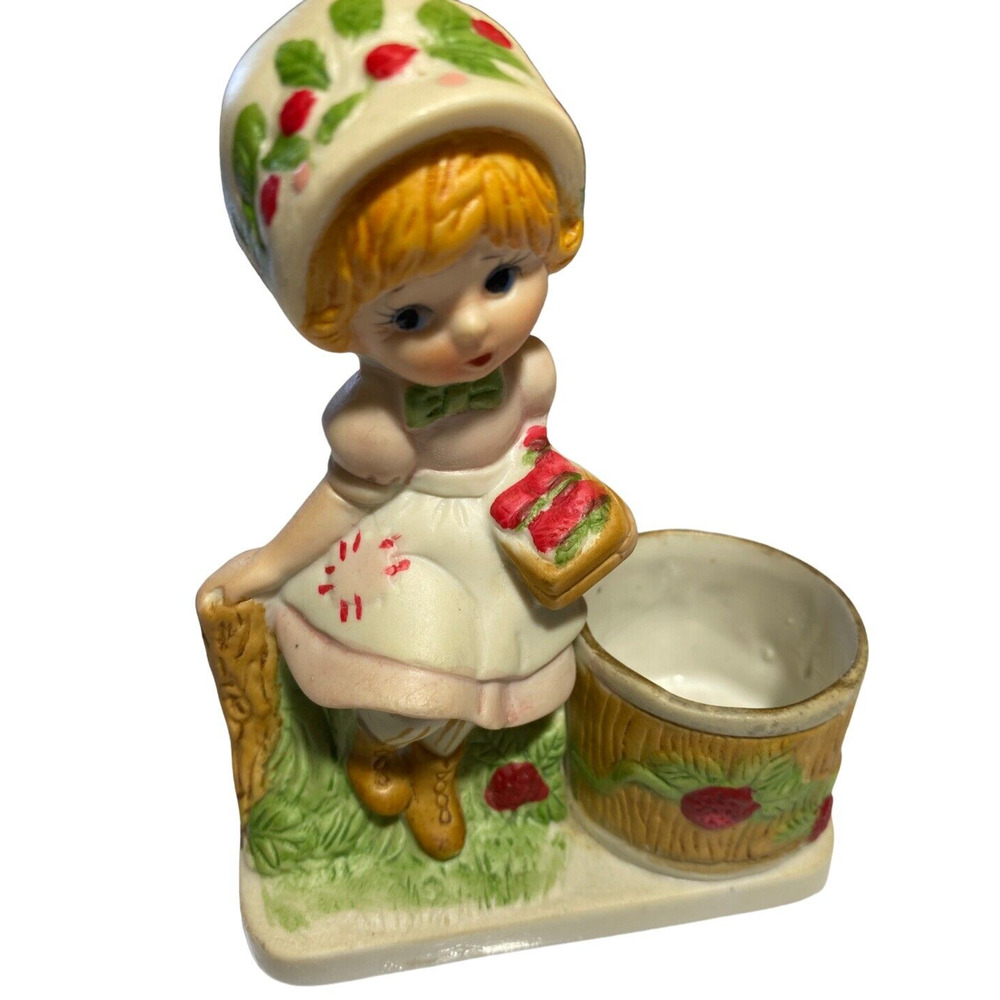 Strawberry Patches Porcelain Figurine Votive Holder Girl & Bunny Jasco 1980